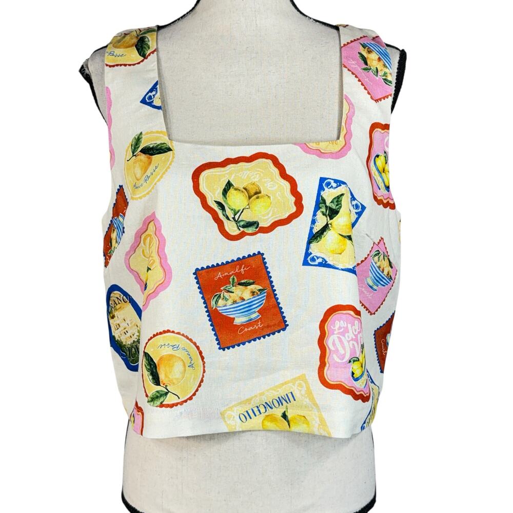 Rachel Zoe Medium Crop Top Lemon Print Linen Blend Square Neck Sleeveless Lined